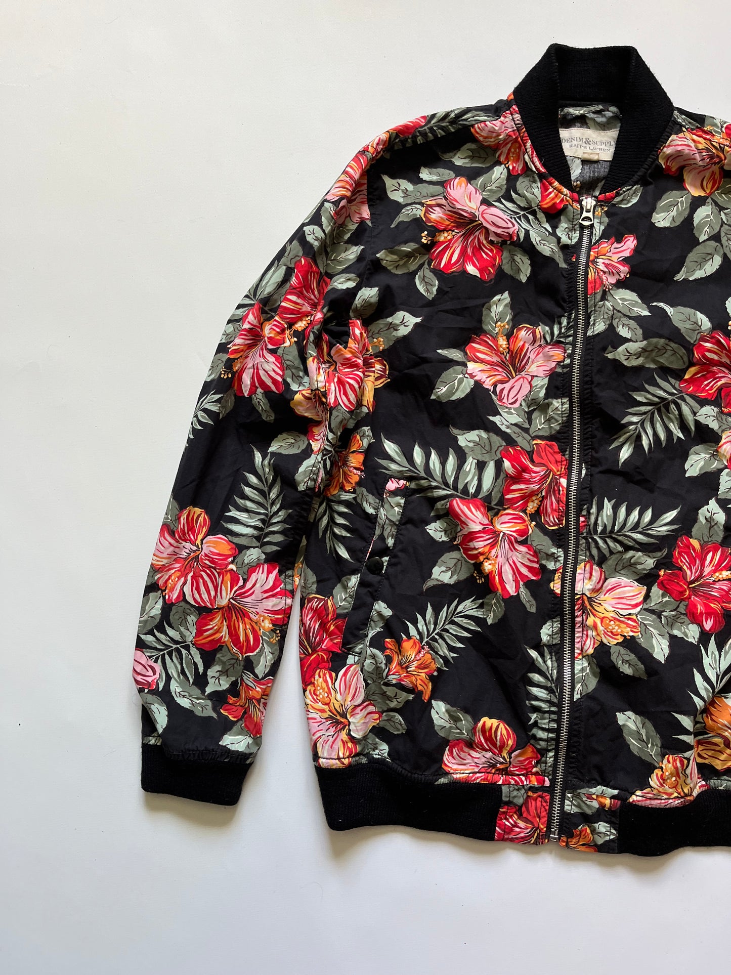 Vintage Denim and Supply Ralph Lauren black tropical floral bomber jacket