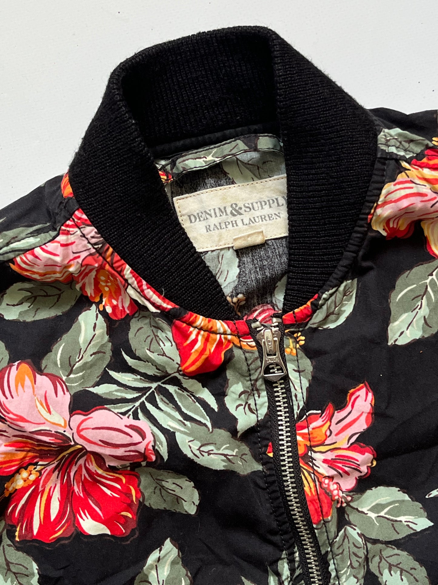 Vintage Denim and Supply Ralph Lauren black tropical floral bomber jacket
