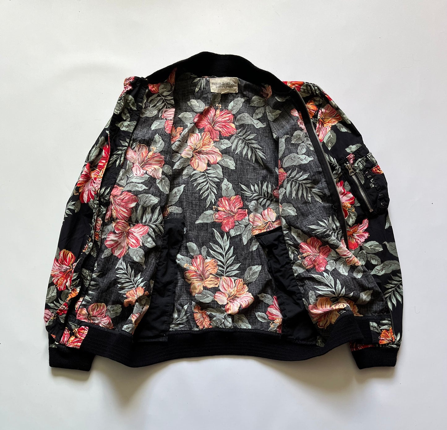 Vintage Denim and Supply Ralph Lauren black tropical floral bomber jacket